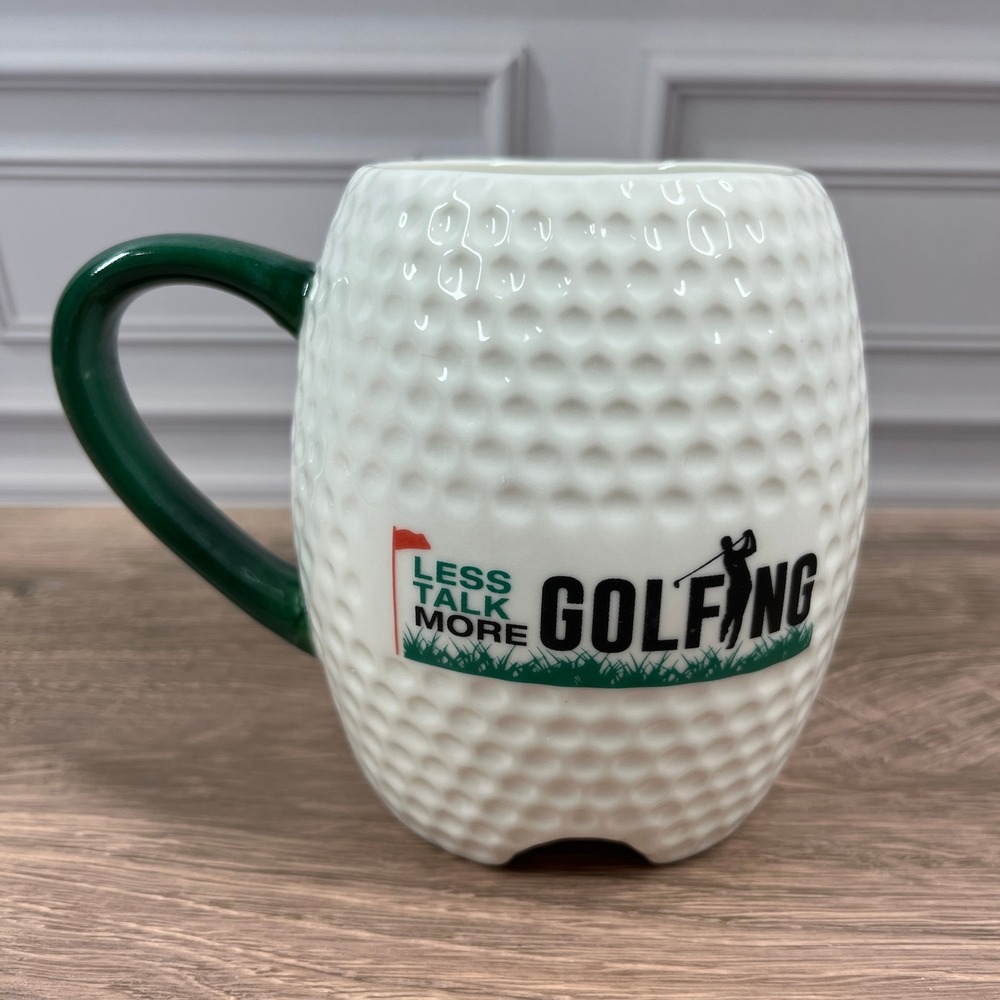 Golf Ball Textured Coffee Tea Cocoa Mug 16 oz White Green Less Talk More Golfing